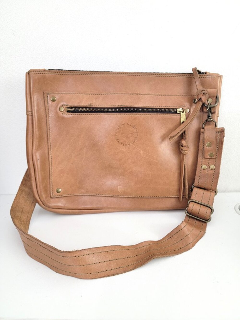 Coastal Hillbilly Leather Goods Zip Pocket Shoulder Bag in Tan